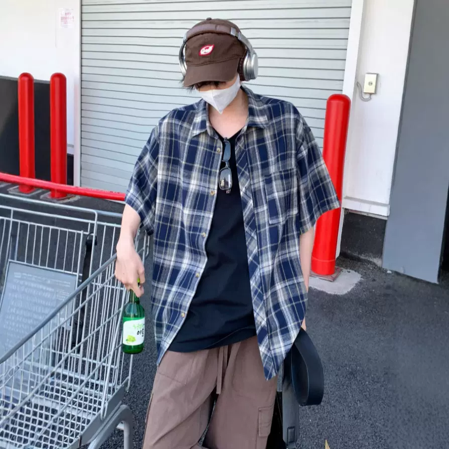简恒美式复古工装格子衬衫男撞色短袖衬衣半袖T恤宽松潮牌上衣夏