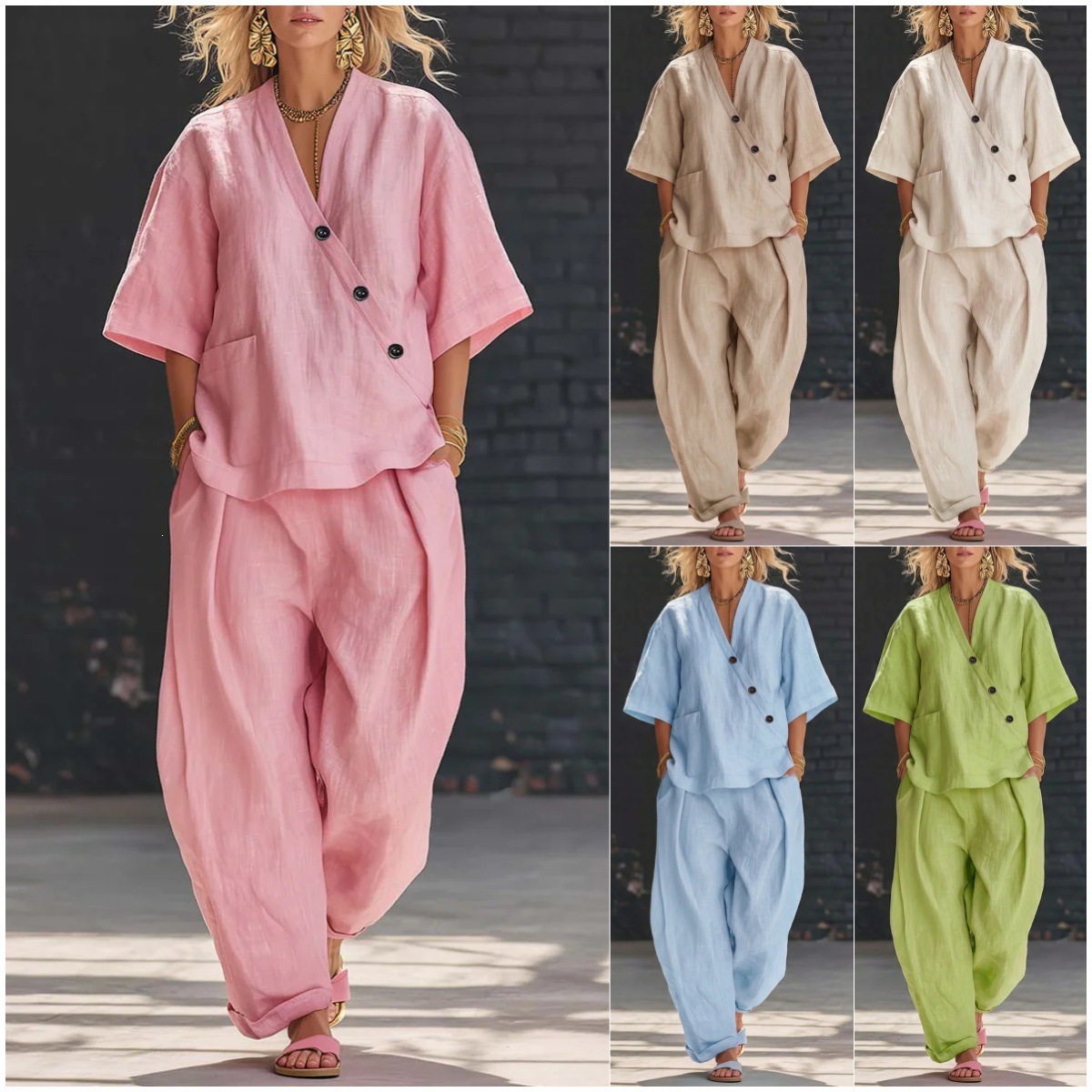 Women's Clothing Women's Solid Color Summer Set V Neck Short Sleeve Top And High Waisted Trousers Two Piece Style Clothing_ecoleips.com