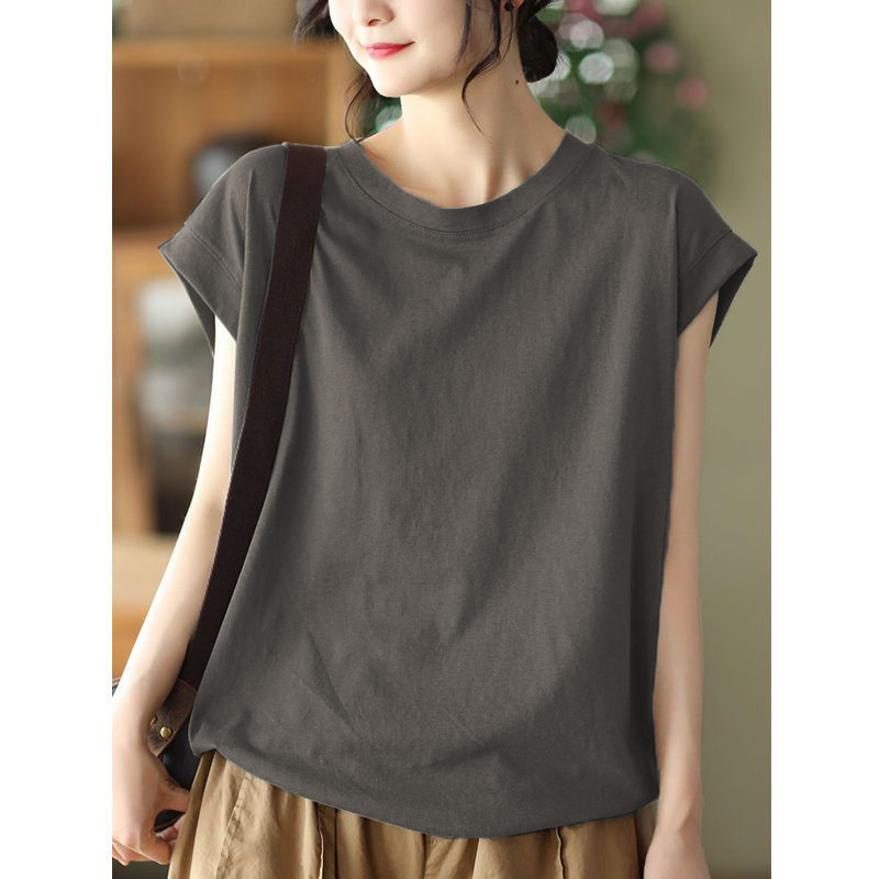 露出防止気質夏の新しい多用途 Tシャツレトロ文学ノースリーブベスト無地シンプルなスタイルの女性のためのトップ|undefined