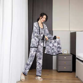 春秋新款国潮风水墨画蔷薇花竹叶四件套睡衣女冰丝印花家居服女