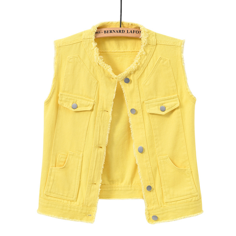 Women's Multi-Color Denim Vest with Round Neck and Frayed Edges, Slimming Candy-Colored Sleeveless Vest with Frayed Edges, Women's Top
