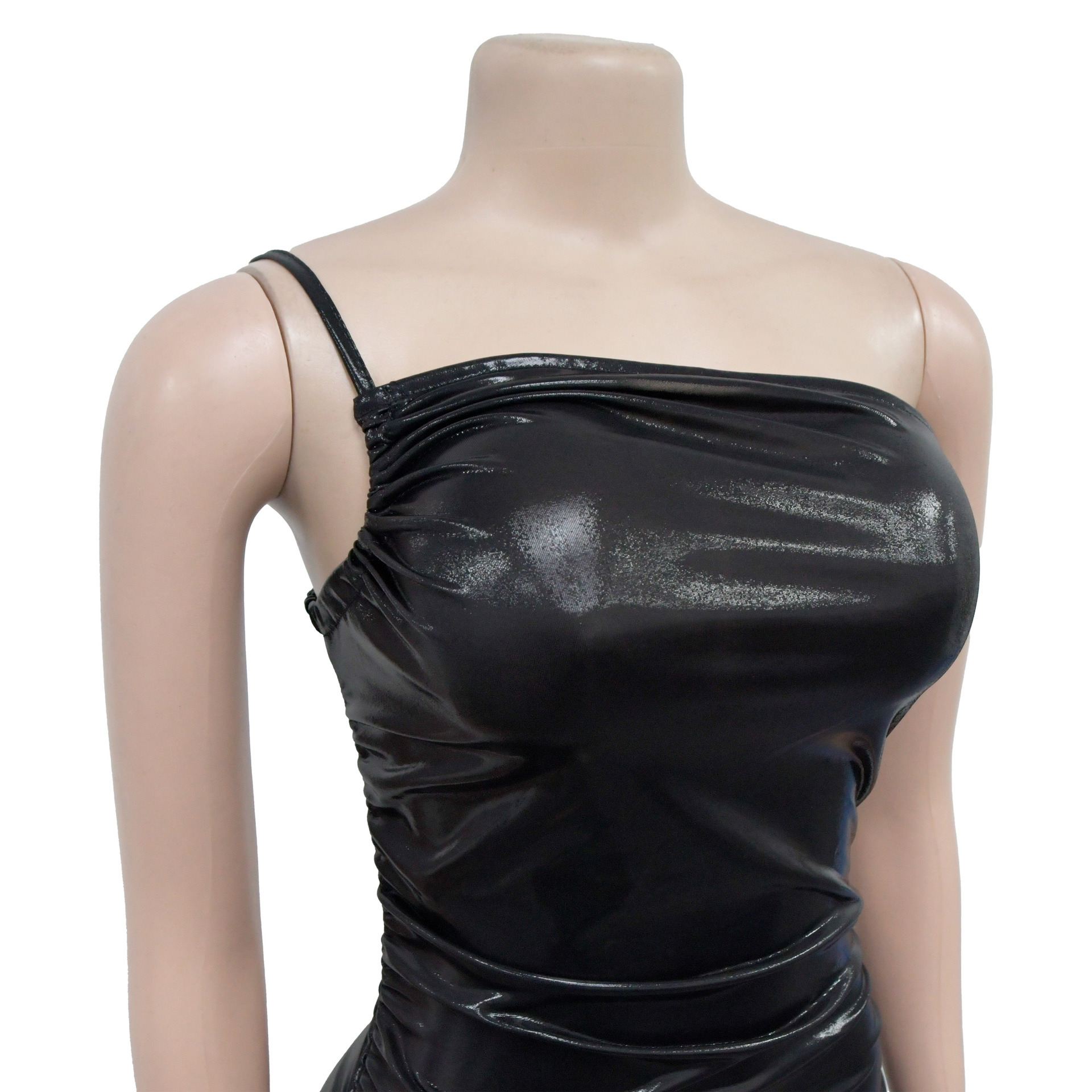 Metallic Coated Fabric Women Wear Solid Color Sexy Sling Diagonal Collar Pleating Dress 14 Metallic Coated Fabric Women Wear Solid Color Sexy Sling Diagonal Collar Pleating Dress
