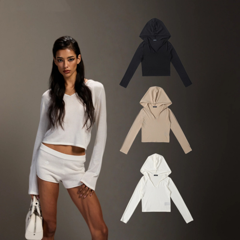 Smfk Siren Wandering Knitted Hoodie Slim Fit V-Neck Long Sleeve Hooded Knit Top New Style