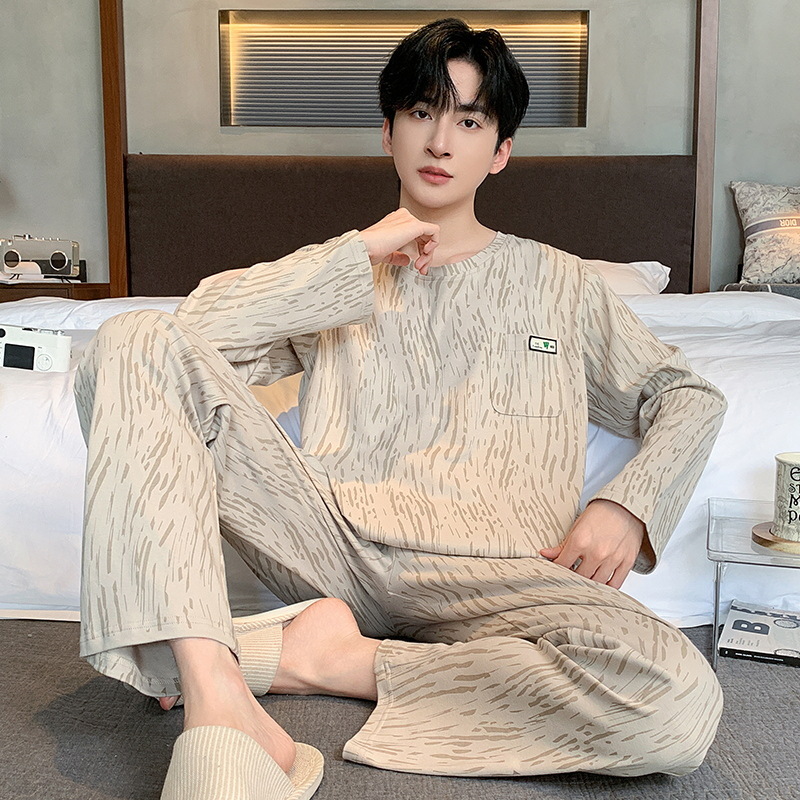 Pijama de algodón masculino primavera y otoño rayas cómodo color sólido delgado casual suelto pantalones largos de mangas largas set de ropa para el hogar
