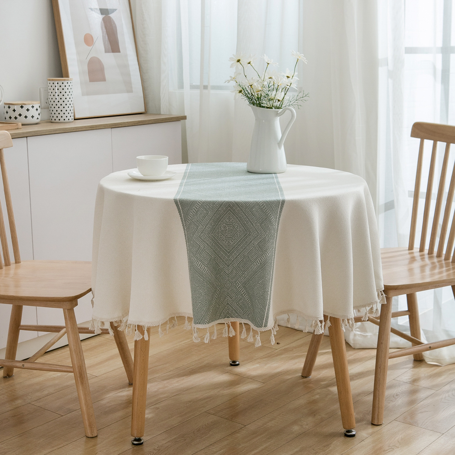 伊缦琪韵绿色提花几何桌布文艺圆桌茶几餐桌布艺长台布圆形