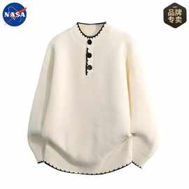 NASA品牌高质量纽扣领针织衫毛衣秋冬男士高级感纯色宽松圆领上衣