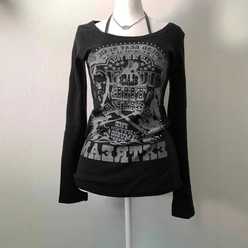 Black Cartoon Pattern Long-sleeved T-shirt Women's Autumn American Style Retro Design Crewneck Top Black Cartoon Pattern Long-sleeved T-shirt Women's Autumn American Style Retro Design Crewneck Top