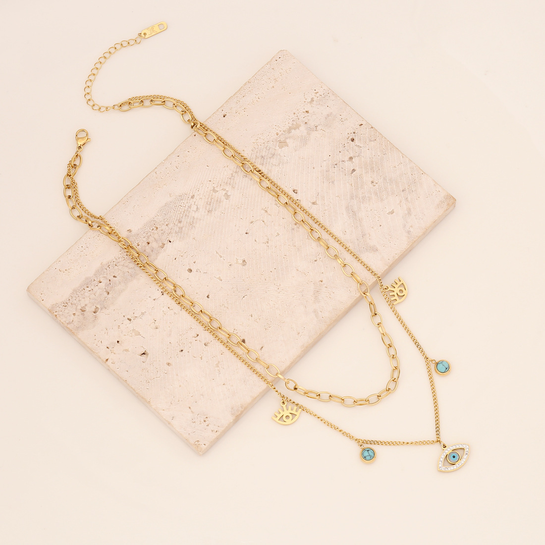 Retro Round Devilu0027S Eye Stainless Steel Inlay Turquoise Bracelets Necklace 1 Piece