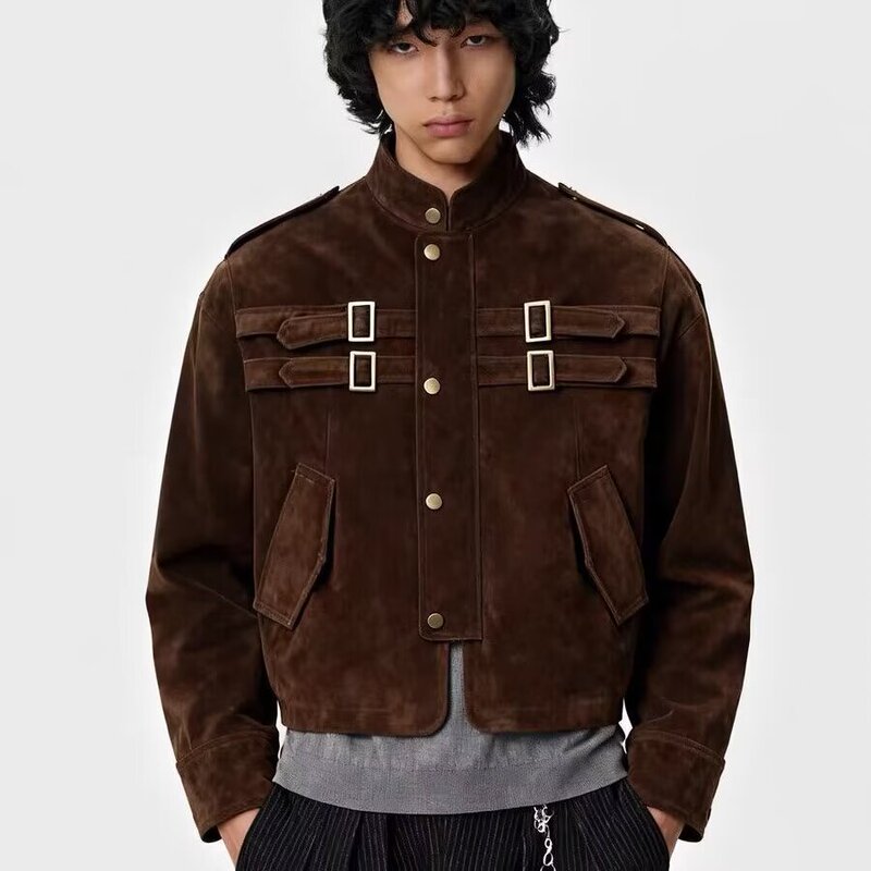 Autumn and Winter New British High-End Slim Fashion Stand Collar Leather Jacket Men's Japanese Retro Leather Multi-Pocket Work Jacket