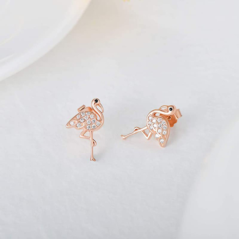 Zircon Inlay Material 1 Pair 925 Sterling Silver Zircon Flamingo Ear Studs