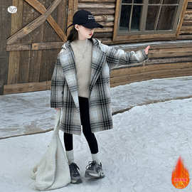 女童2025冬季新款韩系格子呢大衣外套女孩户外加绒修身中长款上衣