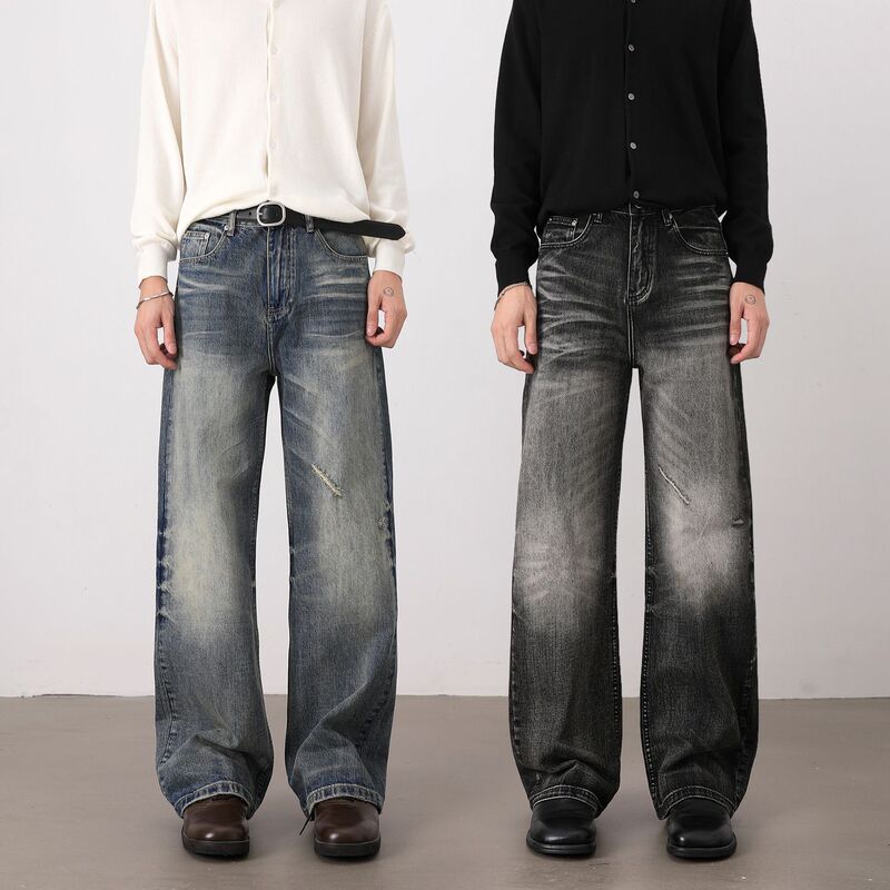 nirben denim | Vintage A-line loose straight-leg jeans for men with 3D cat whiskers and holes, versatile wide-leg trousers nirben denim | Vintage A-line loose straight-leg jeans for men with 3D cat whiskers and holes, versatile wide-leg trousers