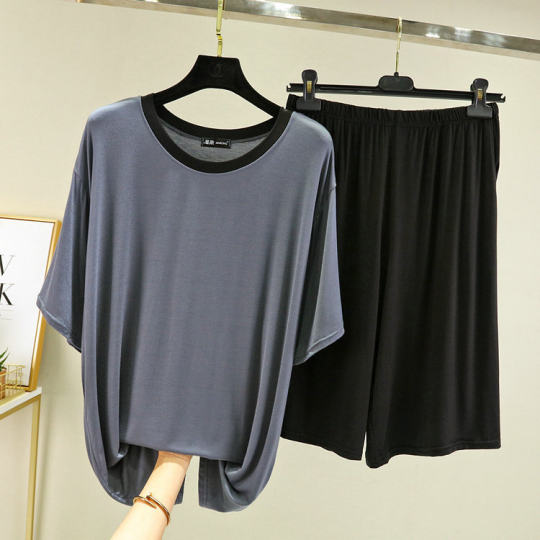Modal Cotton Half Sleeve T-Shirt Men's Spring and Summer Loose Contrast Pajamas Can Wear Outer Home Two-piece Suit Thin