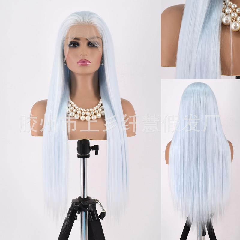 Lace Wig White and Blue Women's Hand-Crocheted Full Headgear High Temperature Matte Chemical Fiber Hair Cover Photo Photography Cos Wig