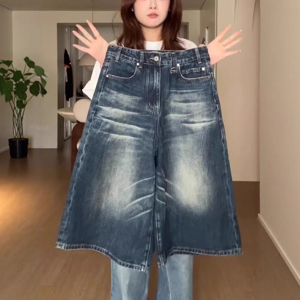 美式水洗做旧牛仔七分短裤女夏季高街阔腿显瘦宽松大码直筒中裤子