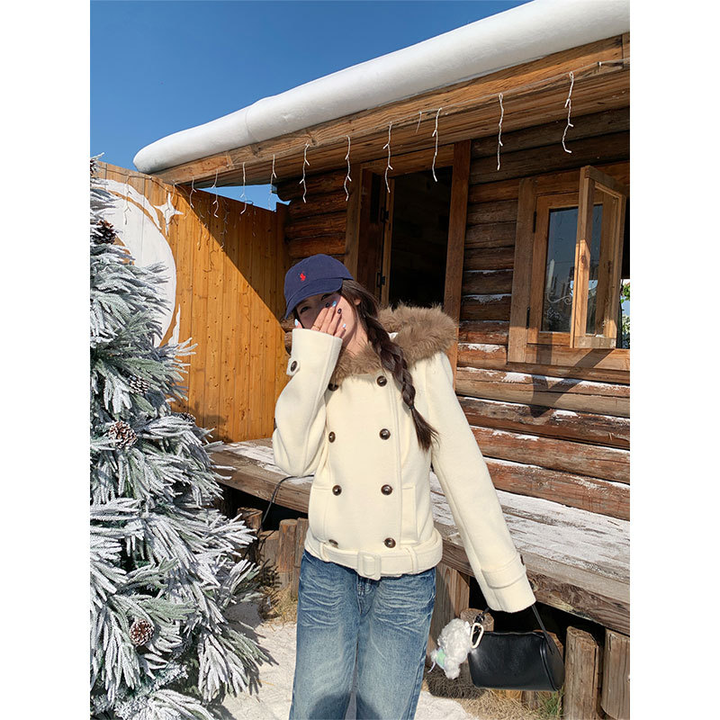 French Design Niche Double-Breasted Wool Coat for Women, Autumn and Winter Season, with Fur Collar, Hooded, Waist-Cinching, Thickened Short Coat