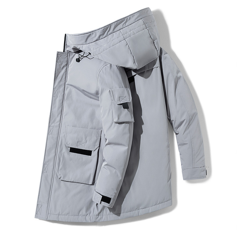 Winter new men's Korean-style letter printed hooded mid-length thickened warm 80 white duck down couple down jacket