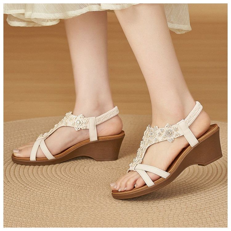 Sandal đế xuồng đính đá hoa nữ gót cao 9 cm — màu đen, trắng, quả mơ chi tiết 18