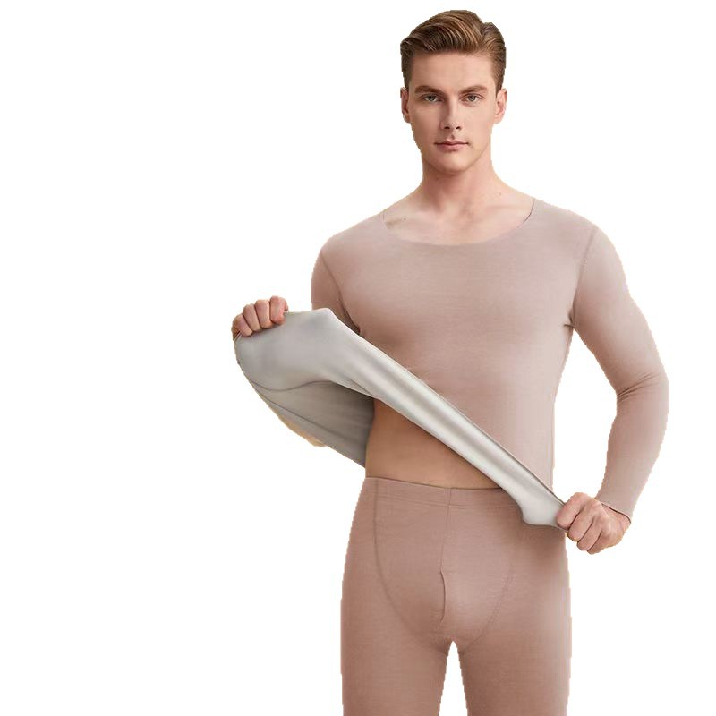 Un conjunto de invierno de cachemira antifría sin marcas de ropa interior de hombre con cachemira gruesa de doble cara chaqueta de cachemira pantalones de otoño tamaño grande