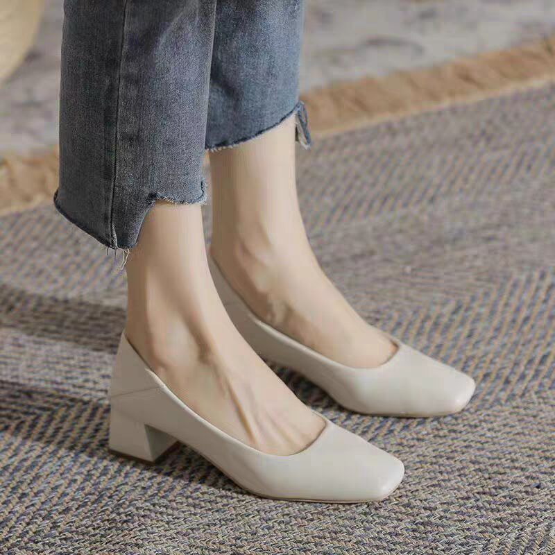 Giant soft! Soft Leather French Mid-heel Shallow Square Toe Thick Heel Nude Shoes Cheongsam Single-layer Shoes Work Leather Shoes Commuter Women's Shoes