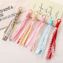 夏日新款花边蕾丝书包挂件配饰miu系双色格子布条编织绳手机挂件