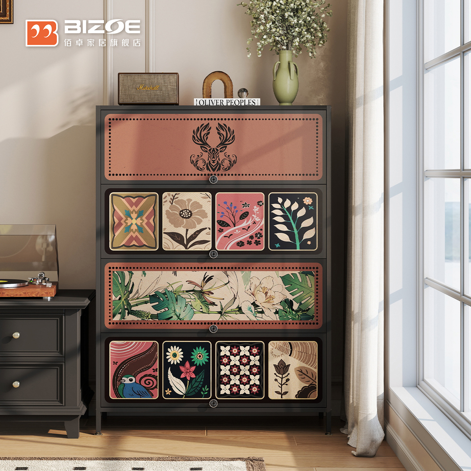 Printed Flip-Door Shoe Cabinet Storage Box Retro-Style Entrance Hall Sundries Large-Capacity Home Storage Door Integrated Cabinet