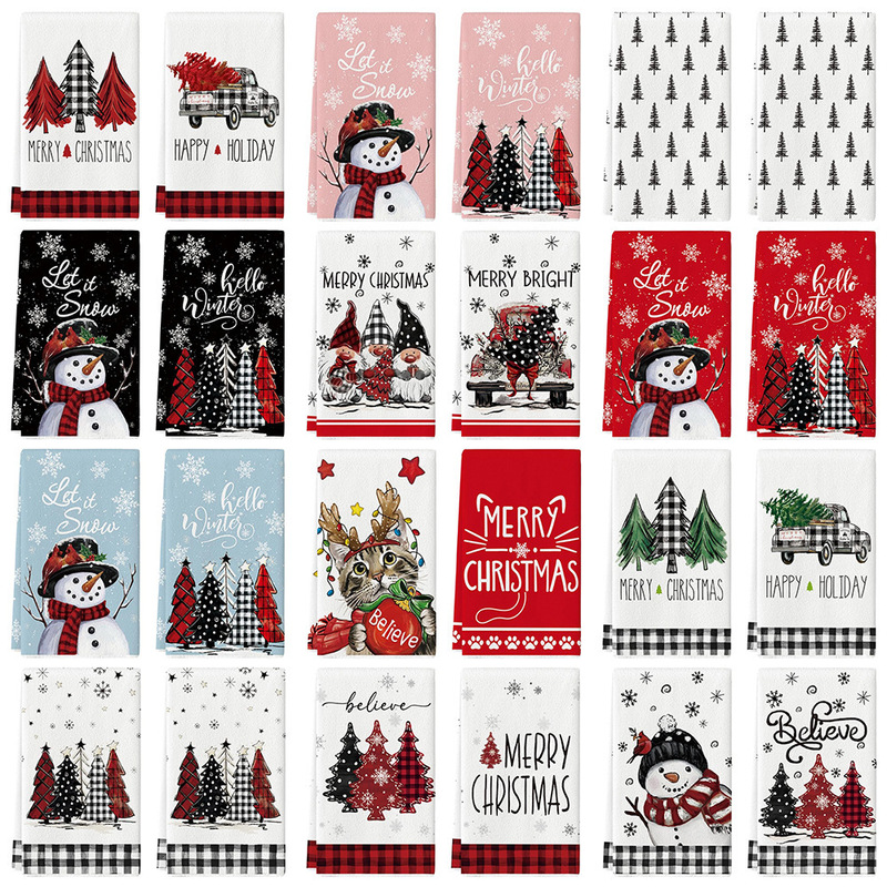 Cross-Border Tem Hot-Selling Winter Christmas Pine Tree Snowman Kitchen Towel Dish Towel Farmhouse Kitchen Dish Towel