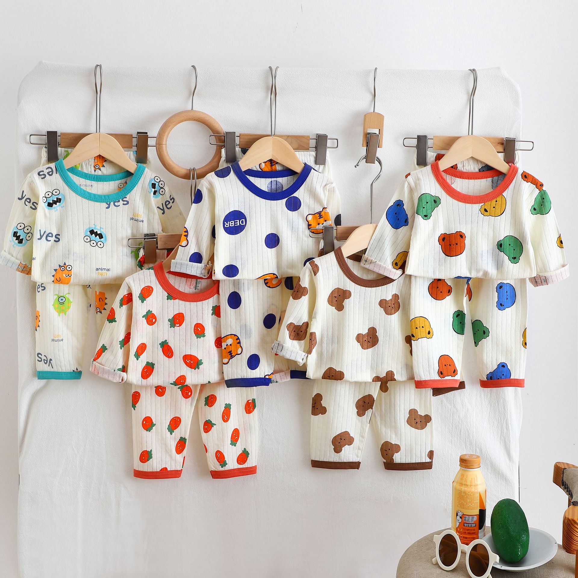 Summer Children's Long-Sleeve Long-Pants Home Wear Set, All-Cotton Underwear, Baby Thin Pajamas, Sleep Pants, Air-Conditioning Clothing