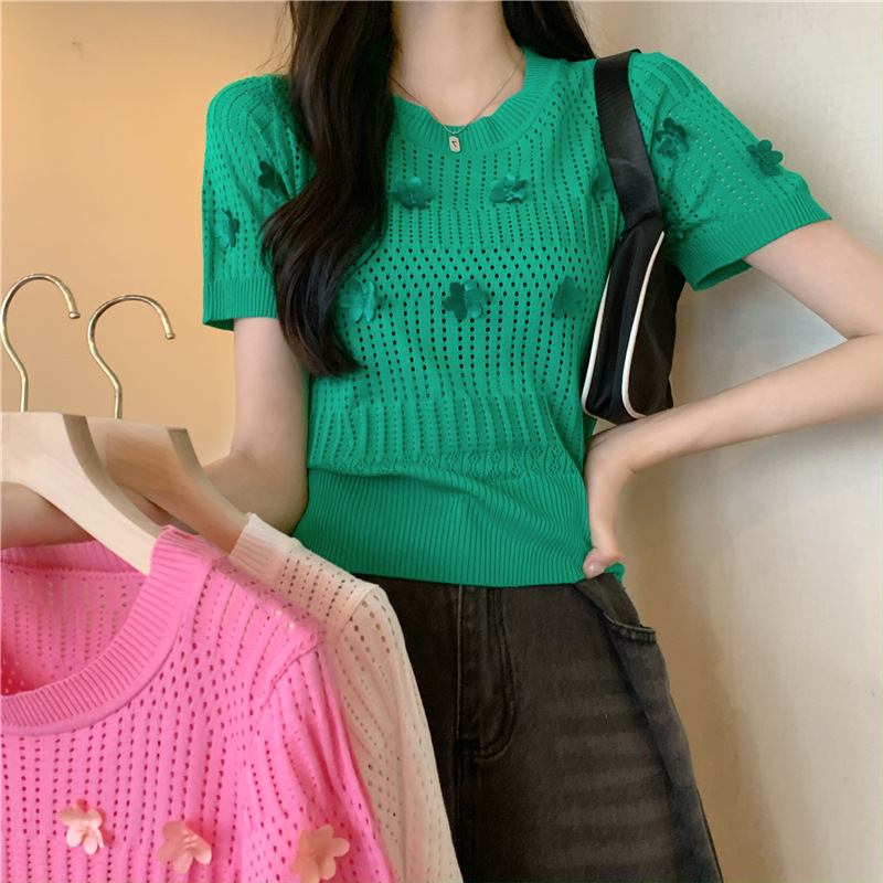 Round Neck Pullover Short-sleeved Sweater Women's Summer Thin Hollow Short Stitching Small Flower Flower Slimming Sweet Top Women's