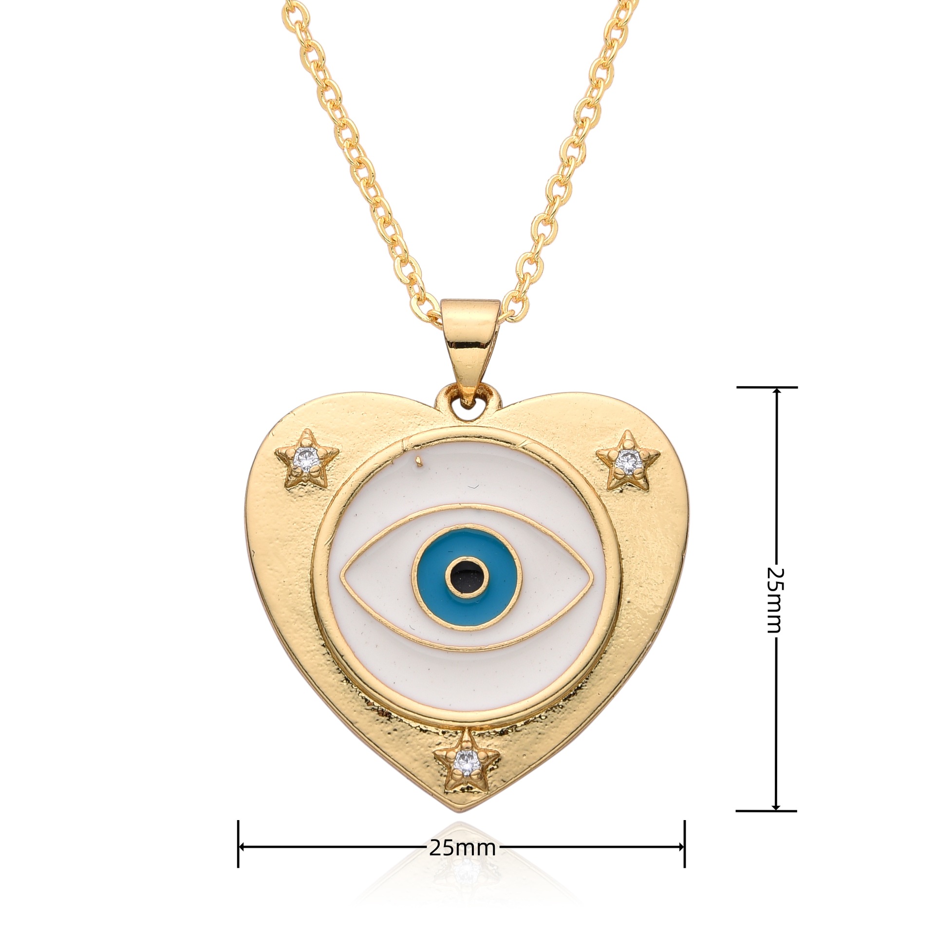 Heart Shape, Eye Pattern Copper Enamel Inlay Heart Shape Eye Zircon Pendant Necklace