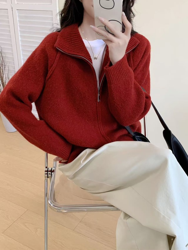 跨境慵懒风毛衣外套女2025秋冬新款韩系纯色立领拉链针织开衫|undefined