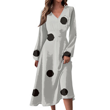 2024亚马逊跨境春秋新款修身显腰时尚v领长袖女士纯色连衣长裙