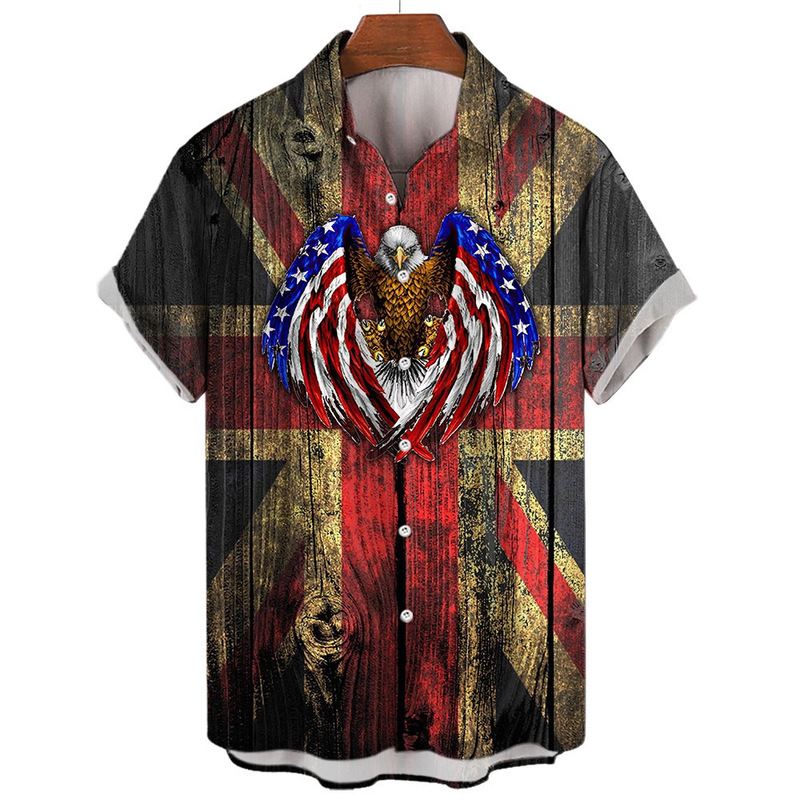 European and American style pattern 3D flag US new shrimp shirt 2024 printed short sleeve men's Amazon eagle