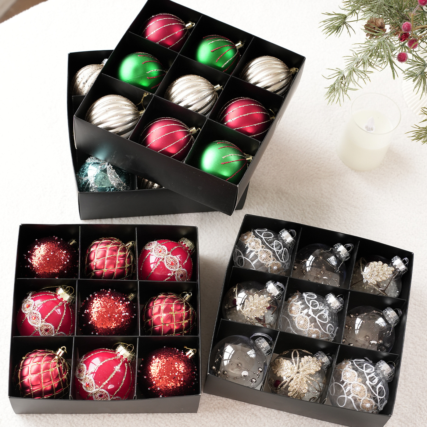 Nuevo producto 8CM pintado polvo adhesivo colorido bola de Navidad colgante bola set caja de decoración de Navidad colgante árbol de Navidad