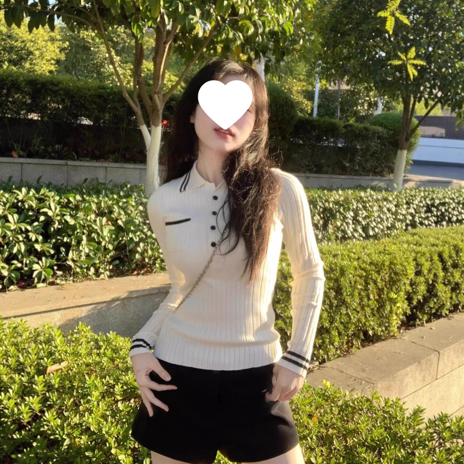 白色polo领针织打底衫女秋秋超好看学院风可外穿毛衣慵懒内搭上衣
