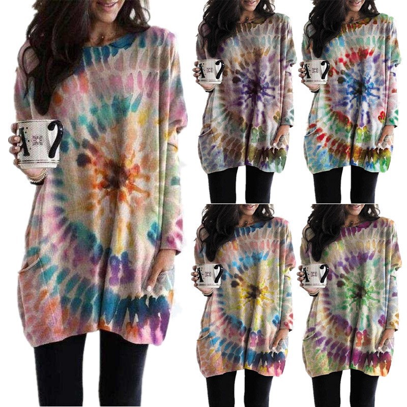 2026 Autumn and Winter New Amazon Wish European and American Cross-Border Women's Clothing Printed Spiral Bat Sleeve Sweatshirt Dress for Women 2026 Autumn and Winter New Amazon Wish European and American Cross-Border Women's Clothing Printed Spiral Bat Sleeve Sweatshirt Dress for Women