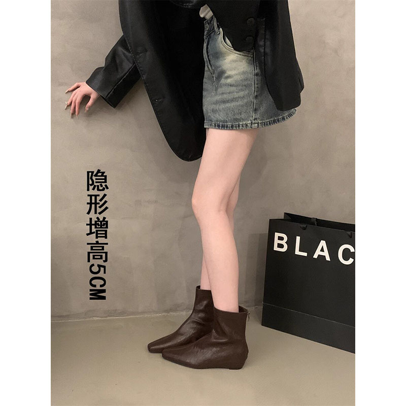 内增高短靴女靴2025秋冬季新款韩版简约短筒靴后拉链方头时装靴女|undefined