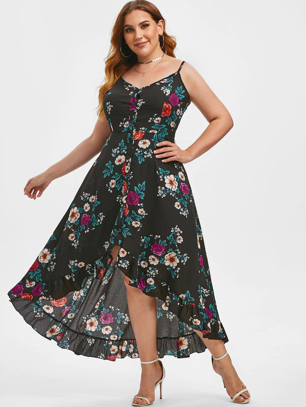 vestido ajustado con estampado de flores y dobladillo irregular con tirantes de talla grande NSCX126009