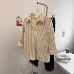复古灯芯绒竖条纹翻领长袖衬衫女春秋叠穿小个子休闲内搭衬衣外套