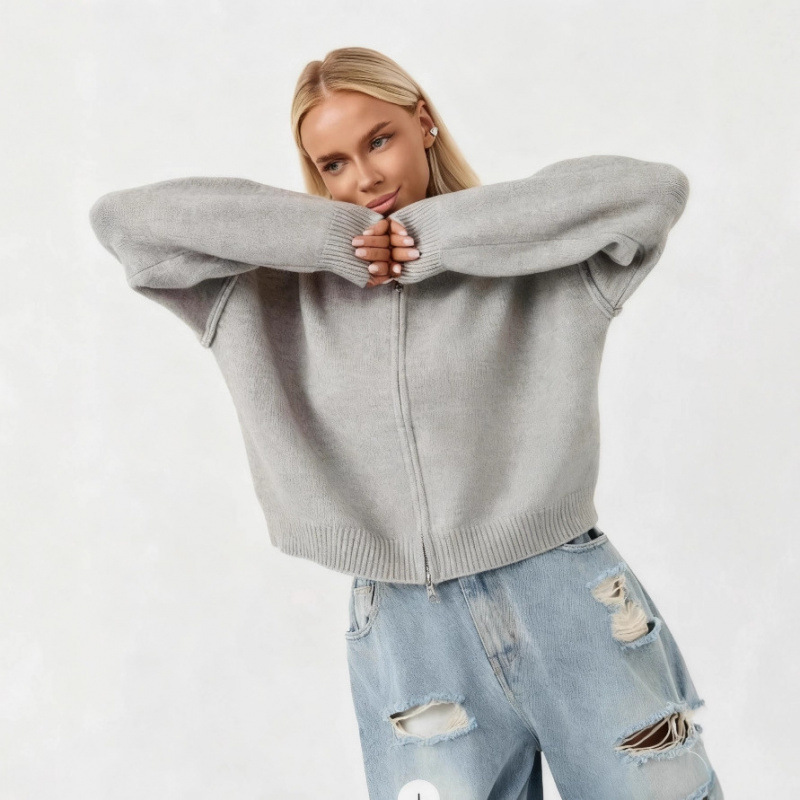 Russian Cross-Border Foreign Trade European and American Style Zip-Up Stand Collar Short Knitted Cardigan Loose Casual Winter Outerwear