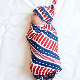外贸跨境婴儿襁褓包被套装新生儿超软国旗印花包裹毯子套装