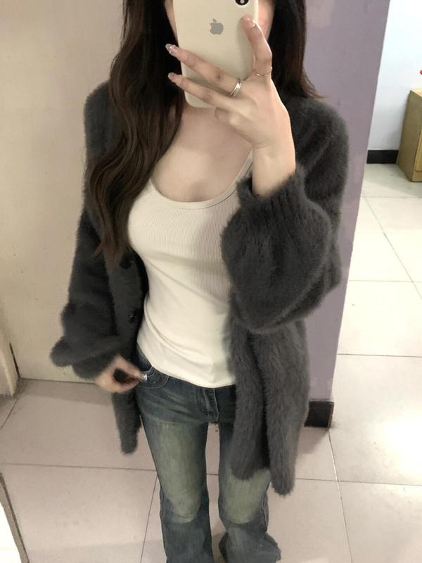 慵懒风时尚貂绒软糯毛衣女外套秋季新款宽松纯色v领针织开衫上衣|undefined