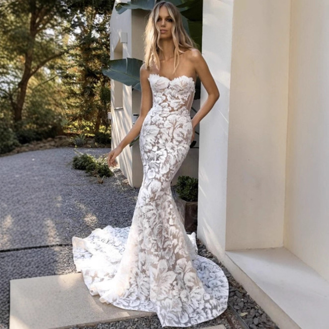 Foreign Trade European and American Wedding Dress 2026 New Style Simple Strapless Mermaid Travel Photo Small Train Soft Tulle Lace Slimming Foreign Trade European and American Wedding Dress 2026 New Style Simple Strapless Mermaid Travel Photo Small Train Soft Tulle Lace Slimming