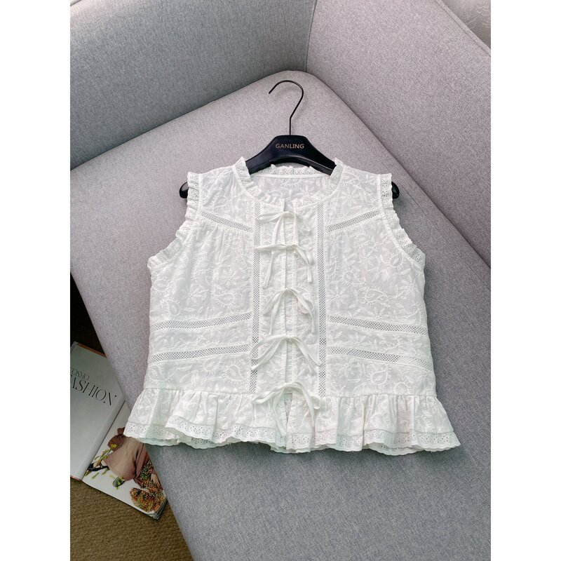 Unique Fashion~White Lace Hollow-Out Sleeveless Shirt for Women, Cotton Versatile Summer Tie-Up Stylish Top