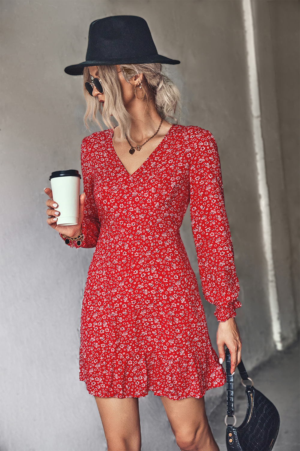 floral printed V-neck trumpet long-sleeved ruffle dress NSLNZ136801