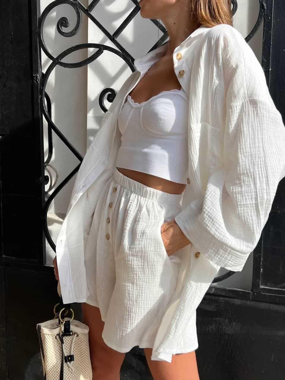 Casual Button-Up Cardigan & Shorts Set – Breathable Polyester Lounge-to-Street Outfit (S-XL, 4 Fresh Colors, Euro-US Minimalist Comfort)_ecoleips.com