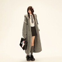 灰色复古羊毛连帽针织外套冬季氛围感韩系中长款开衫大衣