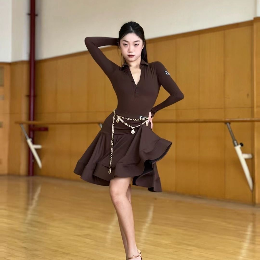 New Latin Dance Shirt Collar Dance Top with Fishbone Flared Skirt Adult Art Exam Outfit Set Class Uniform for Autumn and Winter