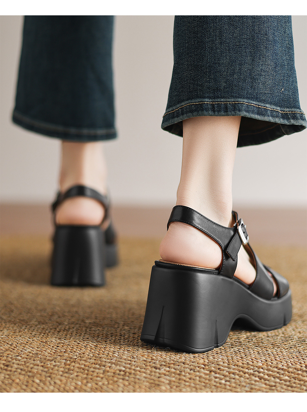 Giày sandal cao gót đế xuồng nữ phong cách La Mã, gót 9 cm, quai rỗng thoáng mát — Màu đen, Màu trắng be chi tiết 7