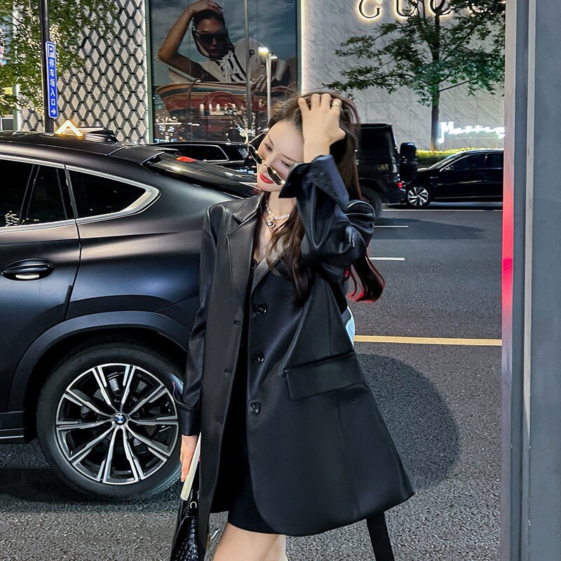 Black Pu Leather Suit Jacket for Women 2025 Spring & Fall High-End Loose Lace-Up Leather Jacket Casual Elegant Suit Leather Jacket